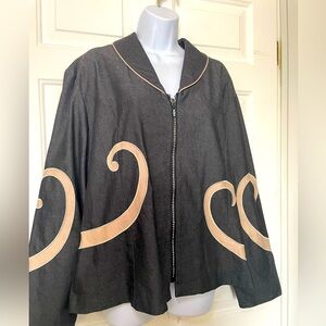 Devine Denim NY Womans Charcoal Gray & Beige Jacket Size 16W Rhinestone Zip Plus